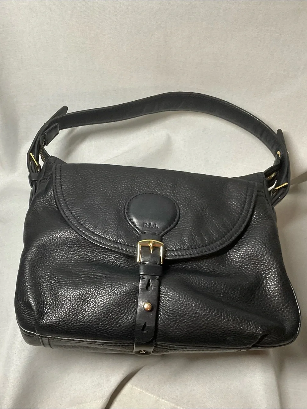 Lauren Ralph Lauren Black Leather Shoulder Bag with Gold Hardware